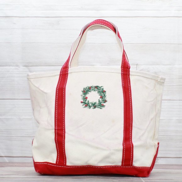 L.L. Bean Handbags - LL Bean Boat & Tote Ivory Canvas Red Trim Open Top Christmas Wreath Tote Handbag